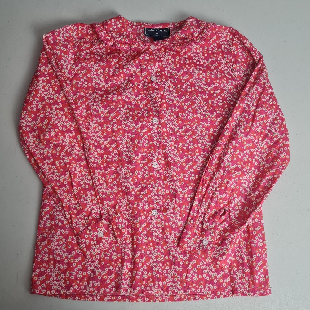 Oscar De La Renta Blouse Girls 6 Pink Floral Ruffle Collar Button Up Long Sleeve